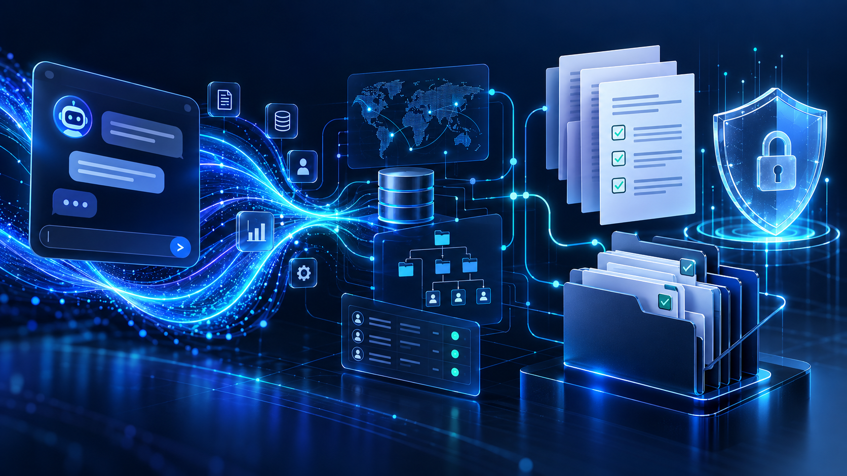Fluxo visual de um assistente de IA para documentos, registros e evidências de privacidade